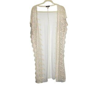 Vivid Importers Cream Lace Crochet Long‎ Duster Kimono Open Front Cardigan 1X